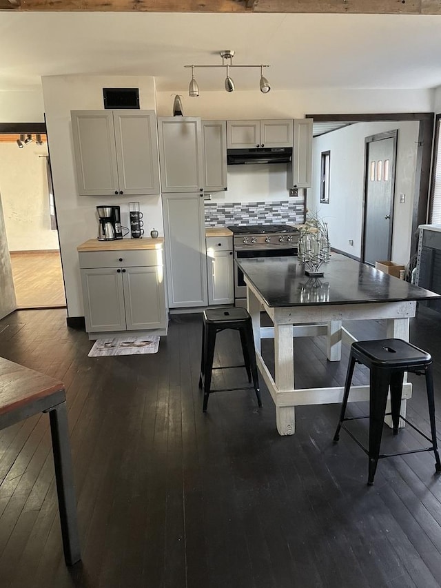 kitchen featuring decorative backsplash, dark hardwood / wood-style flooring, and stainless steel stove