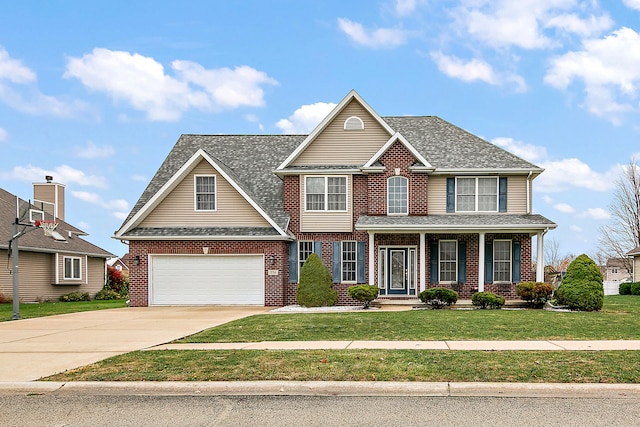 view of front facade featuring a front lawn and a garage