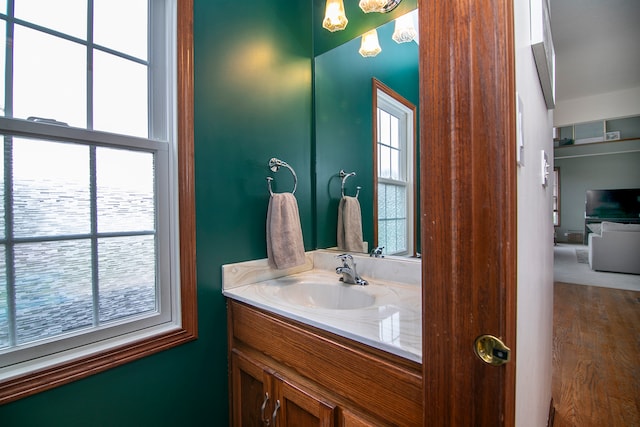 bathroom featuring vanity and wood-type flooring