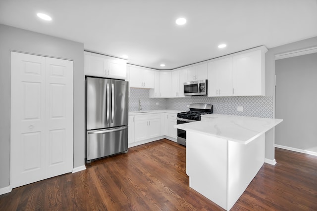 kitchen featuring white cabinetry, dark hardwood / wood-style floors, stainless steel appliances, and light stone counters