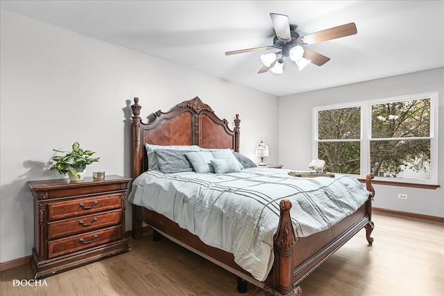 bedroom with light hardwood / wood-style flooring and ceiling fan