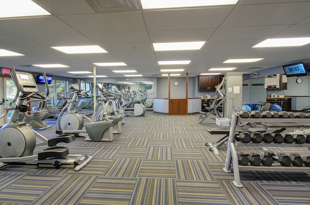 exercise room featuring a paneled ceiling and carpet floors