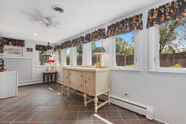 dining space featuring a healthy amount of sunlight, ceiling fan, and a baseboard radiator