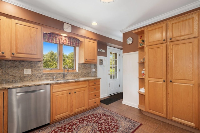 kitchen with sink, dishwasher, backsplash, and tile patterned flooring