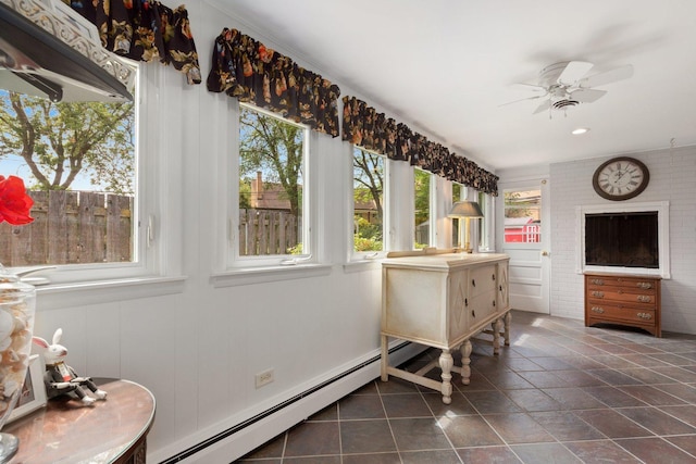 interior space with ceiling fan