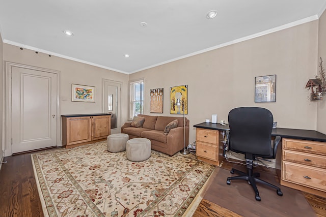 home office featuring dark wood-type flooring and ornamental molding