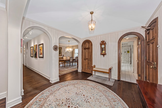 entryway with dark wood-type flooring, a notable chandelier, ornamental molding, and track lighting