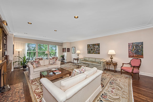 living room featuring ornamental molding and dark hardwood / wood-style floors