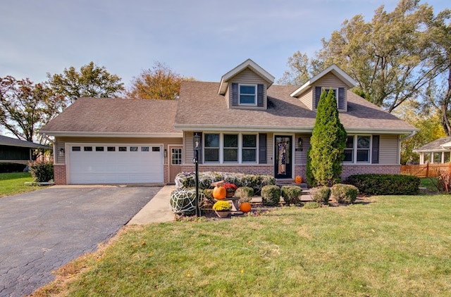 cape cod-style house with a front yard and a garage