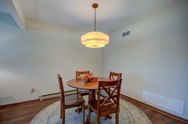 dining area with a baseboard radiator and dark hardwood / wood-style flooring