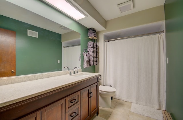 bathroom with a baseboard heating unit, toilet, vanity, a shower with shower curtain, and tile patterned flooring