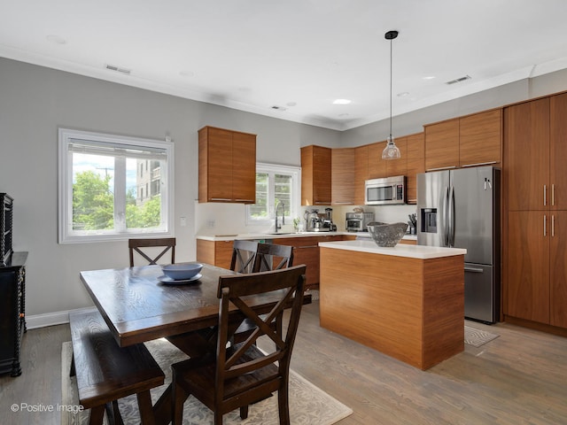 kitchen featuring pendant lighting, a wealth of natural light, hardwood / wood-style floors, and stainless steel appliances