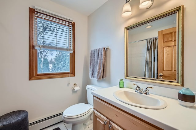 bathroom featuring a shower with curtain, a baseboard heating unit, a wealth of natural light, and toilet