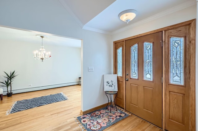 foyer entrance with crown molding, an inviting chandelier, vaulted ceiling, hardwood / wood-style flooring, and a baseboard heating unit