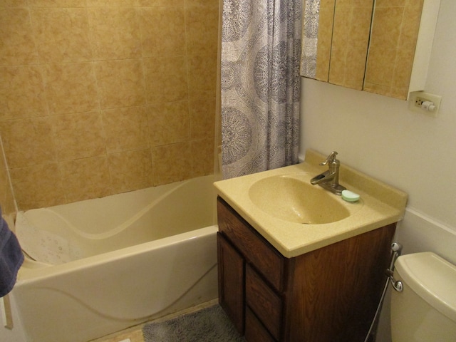 full bathroom with vanity, toilet, and shower / bathtub combination with curtain