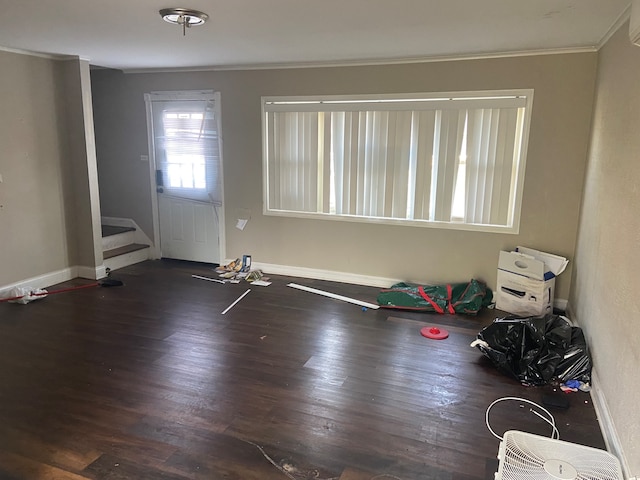 interior space with dark hardwood / wood-style floors and crown molding