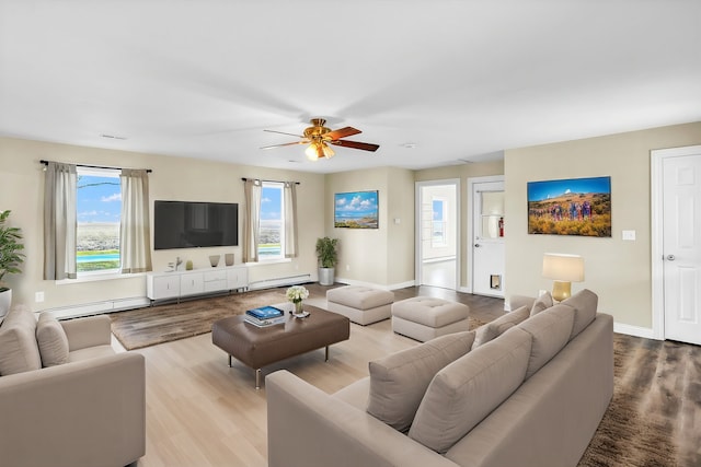 living room with a baseboard radiator, ceiling fan, and light hardwood / wood-style floors