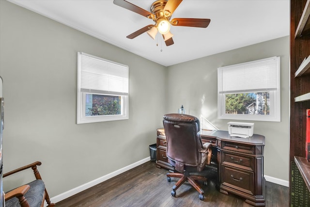 office space featuring dark hardwood / wood-style flooring and ceiling fan