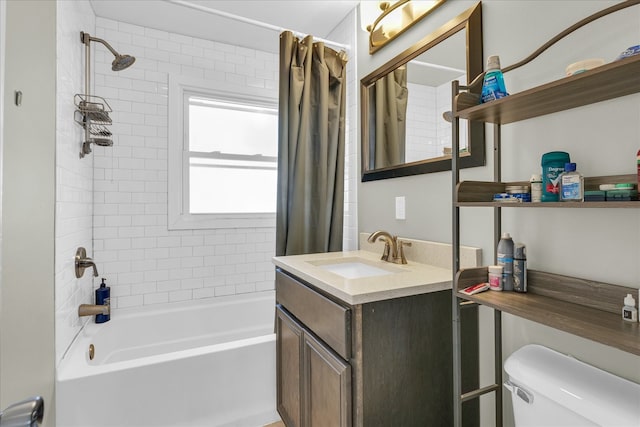 full bathroom with shower / bathtub combination with curtain, vanity, and toilet