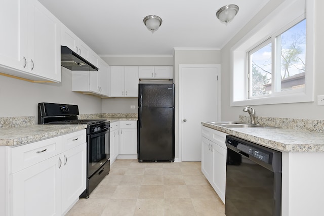 kitchen with sink, black appliances, white cabinets, and ornamental molding