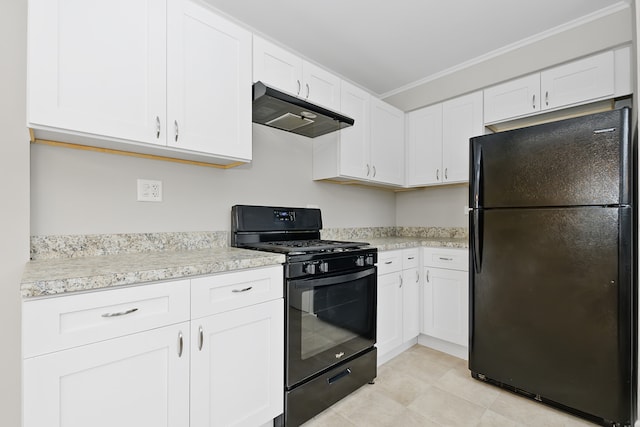 kitchen with ornamental molding, white cabinets, and black appliances