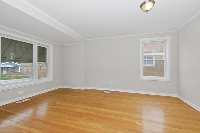 spare room featuring light hardwood / wood-style floors and ornamental molding