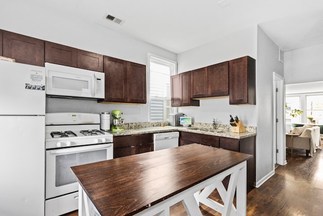 kitchen featuring dark hardwood / wood-style floors, a healthy amount of sunlight, dark brown cabinetry, and white appliances