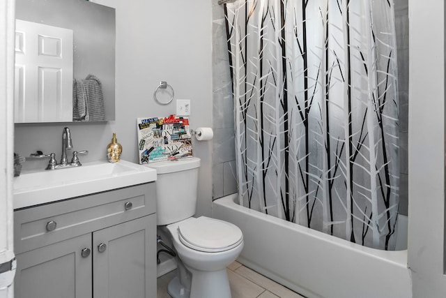 full bathroom with vanity, shower / tub combo with curtain, toilet, and tile patterned floors