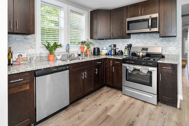 kitchen with light hardwood / wood-style floors, dark brown cabinets, stainless steel appliances, and sink