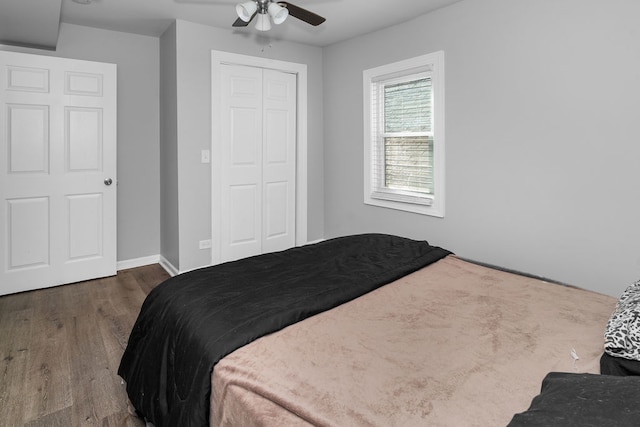 bedroom featuring a closet, ceiling fan, and dark hardwood / wood-style flooring