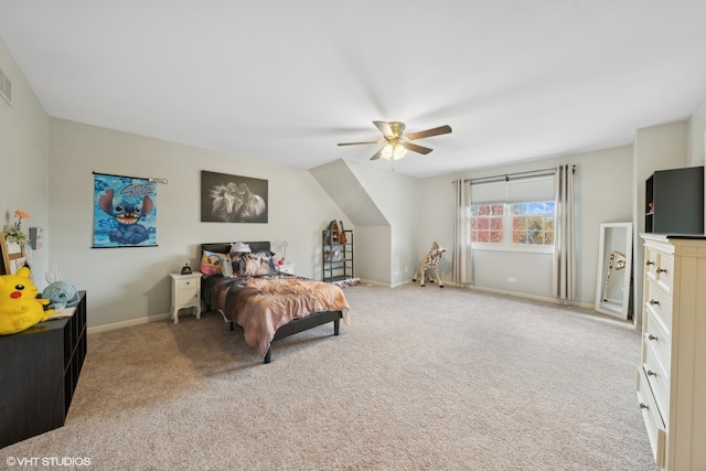 bedroom with light carpet and ceiling fan