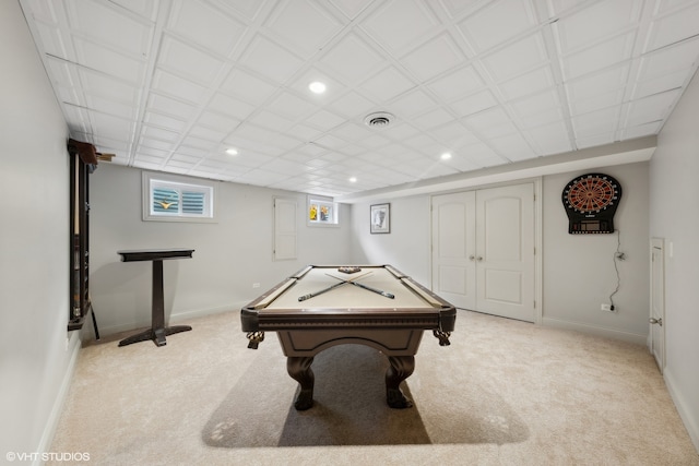 game room with billiards and light colored carpet