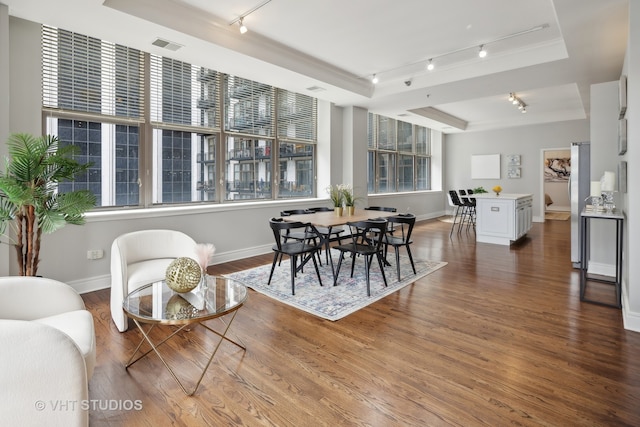 dining room with hardwood / wood-style flooring, track lighting, and a tray ceiling