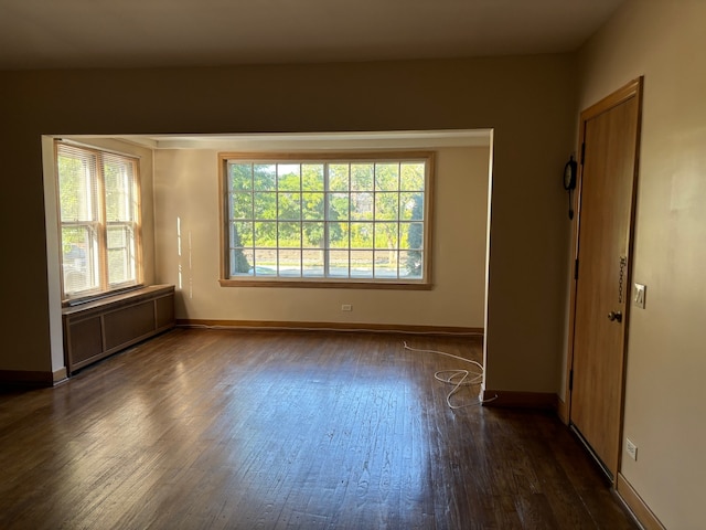 spare room featuring radiator and dark hardwood / wood-style floors