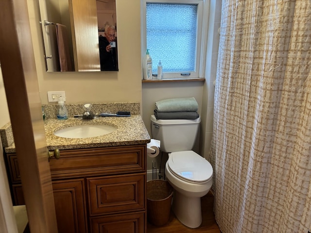 bathroom featuring vanity, curtained shower, wood-type flooring, and toilet