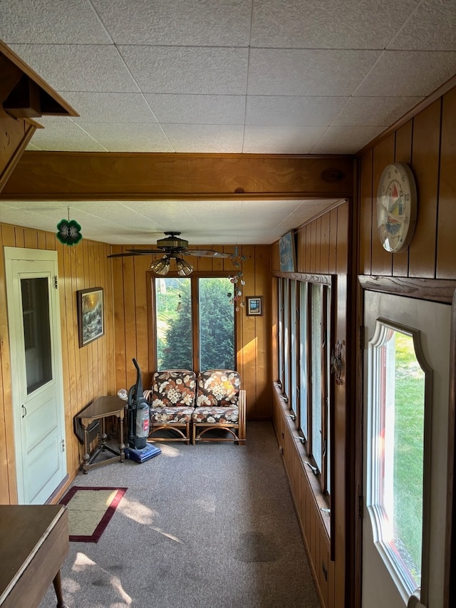 unfurnished living room with carpet floors, a healthy amount of sunlight, wooden walls, and ceiling fan