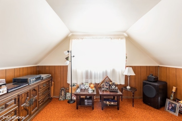 additional living space with a wealth of natural light, vaulted ceiling, and wood walls