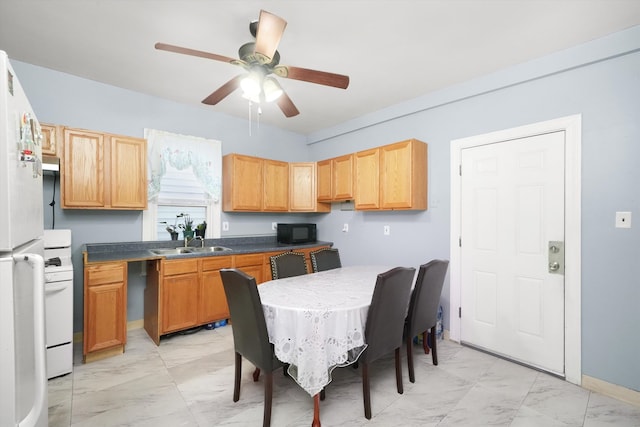 kitchen featuring white appliances, ceiling fan, and sink