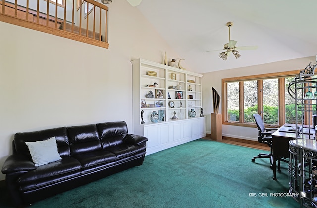 home office with ceiling fan, high vaulted ceiling, and carpet floors