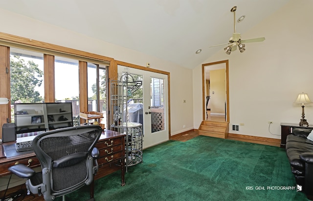 office area with lofted ceiling, dark colored carpet, and ceiling fan