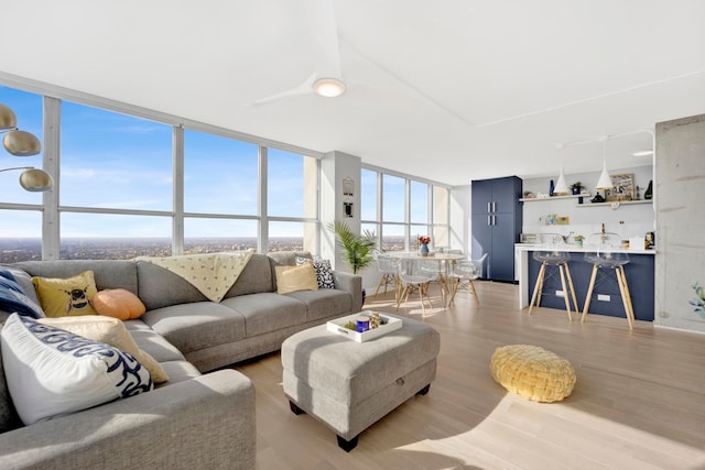 living room featuring expansive windows and light wood-type flooring