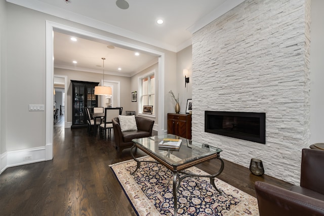 living room featuring ornamental molding, dark wood-type flooring, and a fireplace