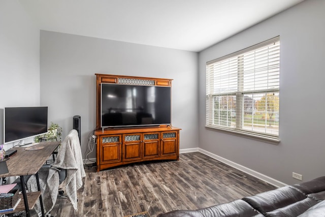 living room featuring dark wood-type flooring