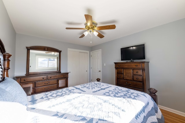 bedroom with hardwood / wood-style floors, ceiling fan, and a closet