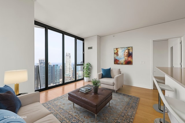 living room with light hardwood / wood-style flooring and expansive windows