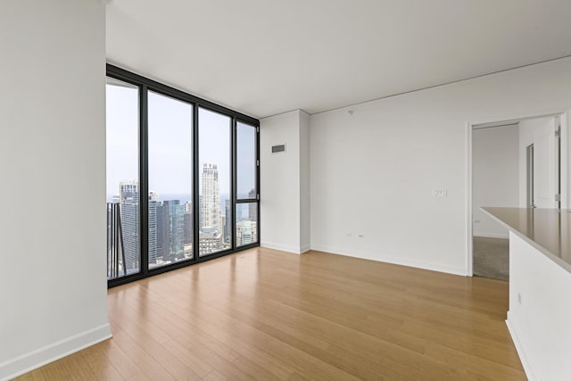 empty room with light hardwood / wood-style flooring and a wall of windows