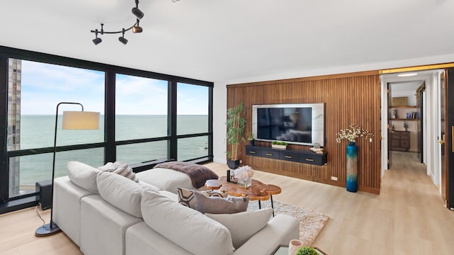 living room with a wall of windows, a water view, and light wood-type flooring