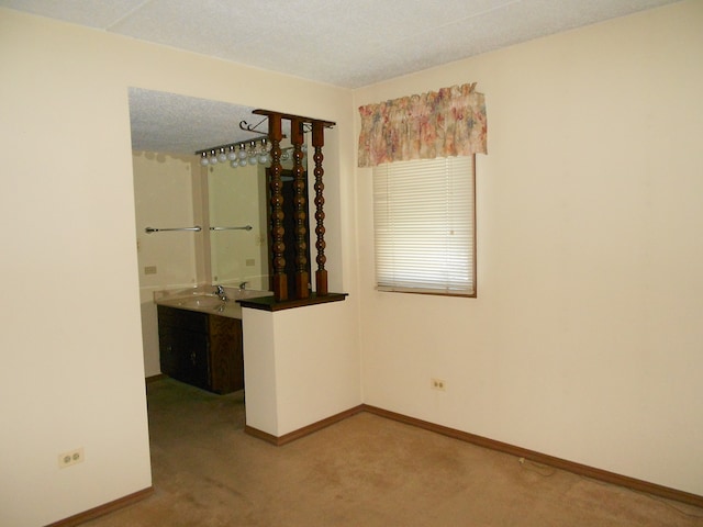 unfurnished room featuring a textured ceiling, carpet flooring, and sink