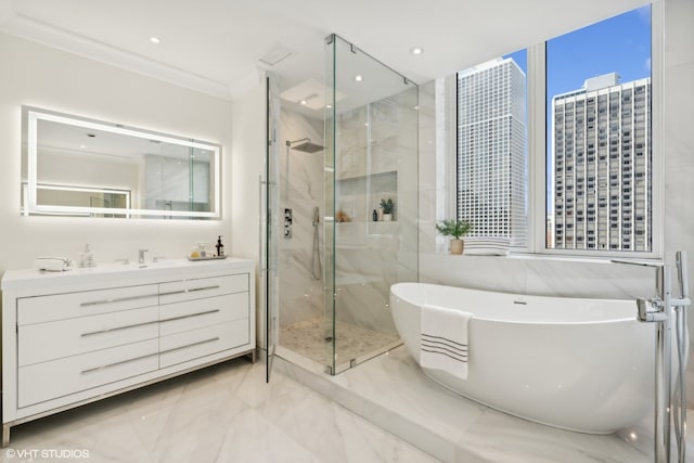 bathroom with vanity, plus walk in shower, and ornamental molding