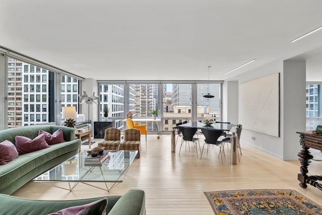 living room with light hardwood / wood-style floors, expansive windows, and a wealth of natural light